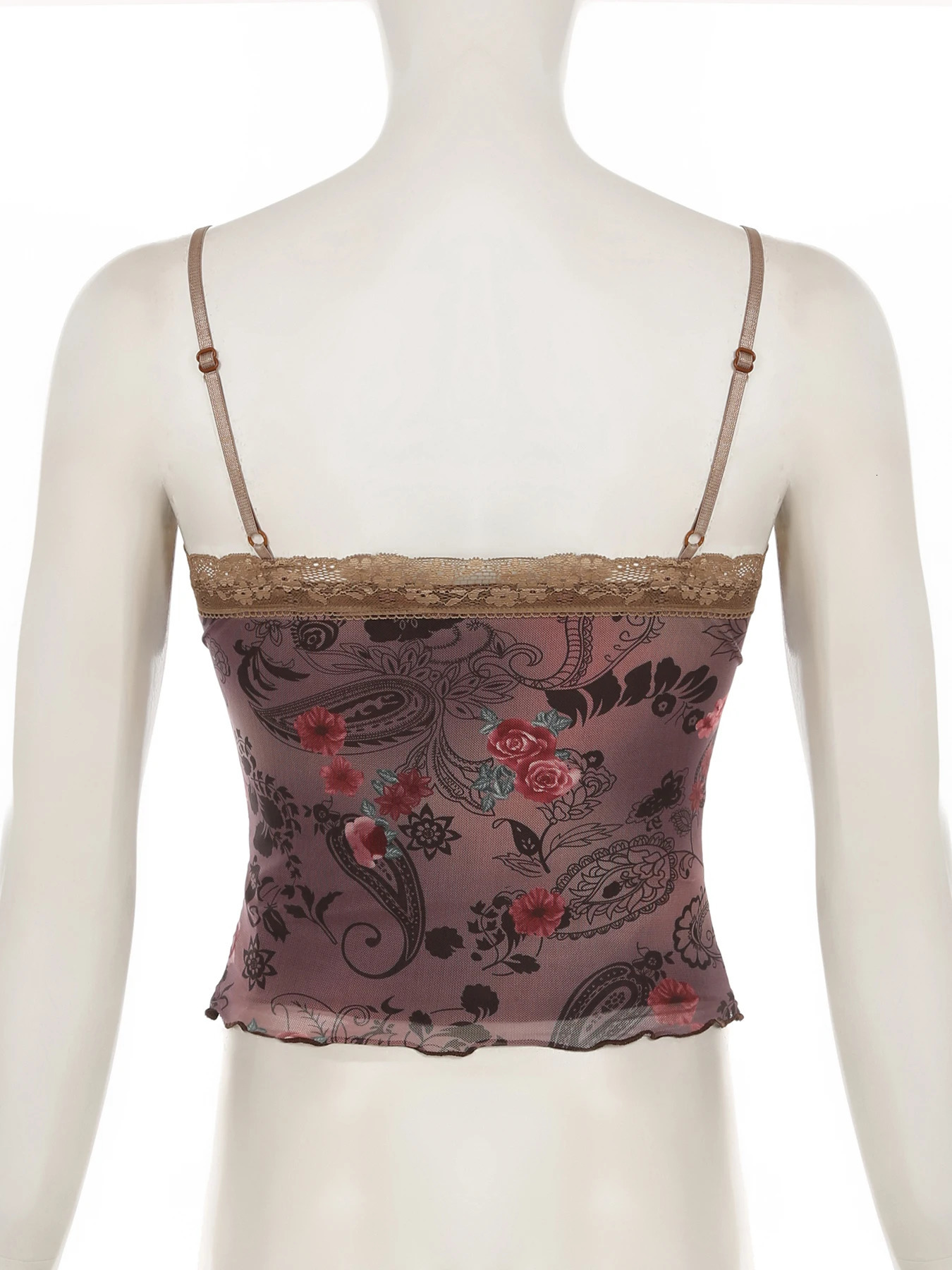 SUCHCUTE Retro Printed Mesh Camisol Fairycore Lace Up Vneck Crop Top Y2K Aesthetics 2000s Summer Slim 250414Z