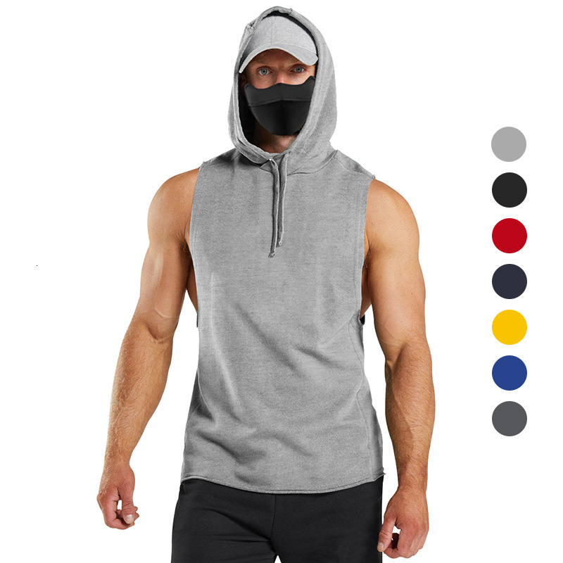 2025 new sleeveless vest casual T-shirt solid color hooded lace up hip-hop men's sportswear summer