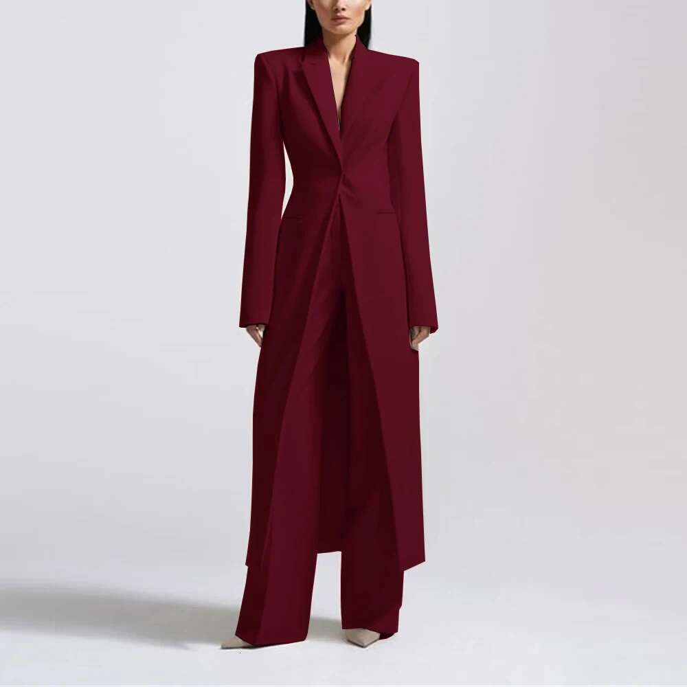 Fashion Beige Women's Blazer Pantssuit Peak Lapel Long Coat Wedding Formal Suits Office Lady Jacket Pant 2 Piece