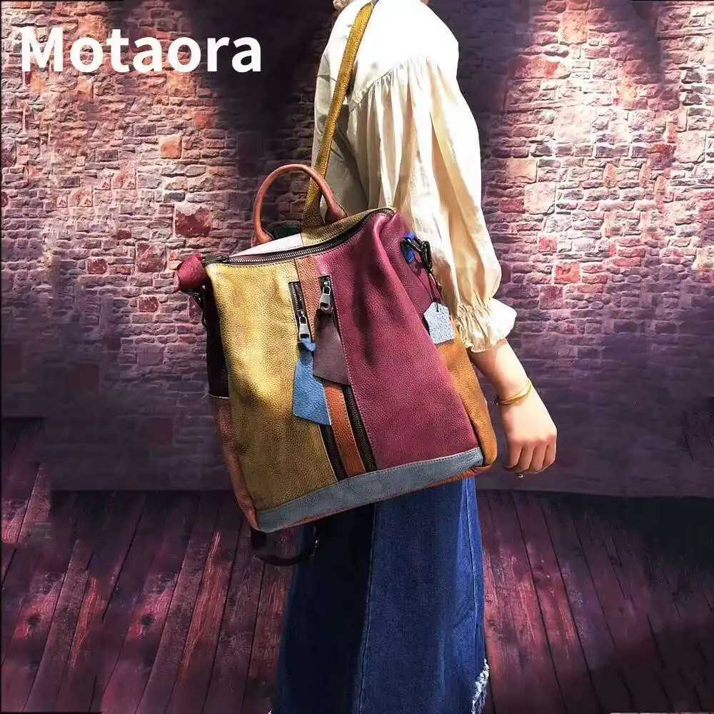 New Soft Cowhide Leather Backpack for Women Teens Vintage Patchwork School Bookbag with Keychain Durable Genuine Cowhide BagW251114