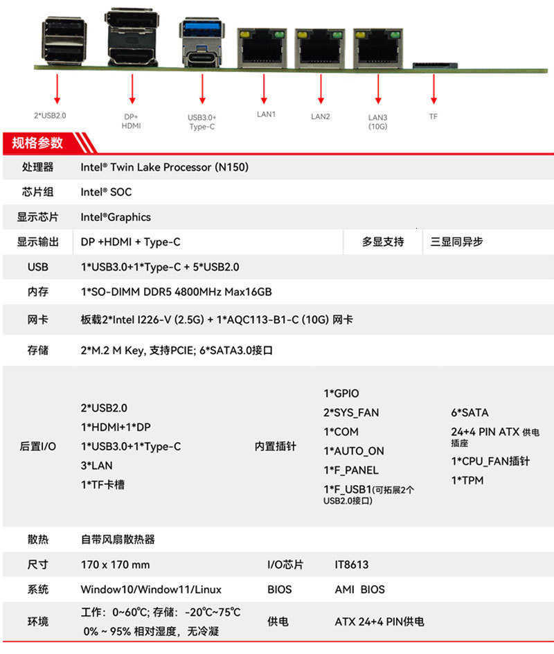 N150 NAS motherboard with exclusive integrated motherboard 12th generation, 6-socket, 10G 100G network card, DDR5, n10 X250602