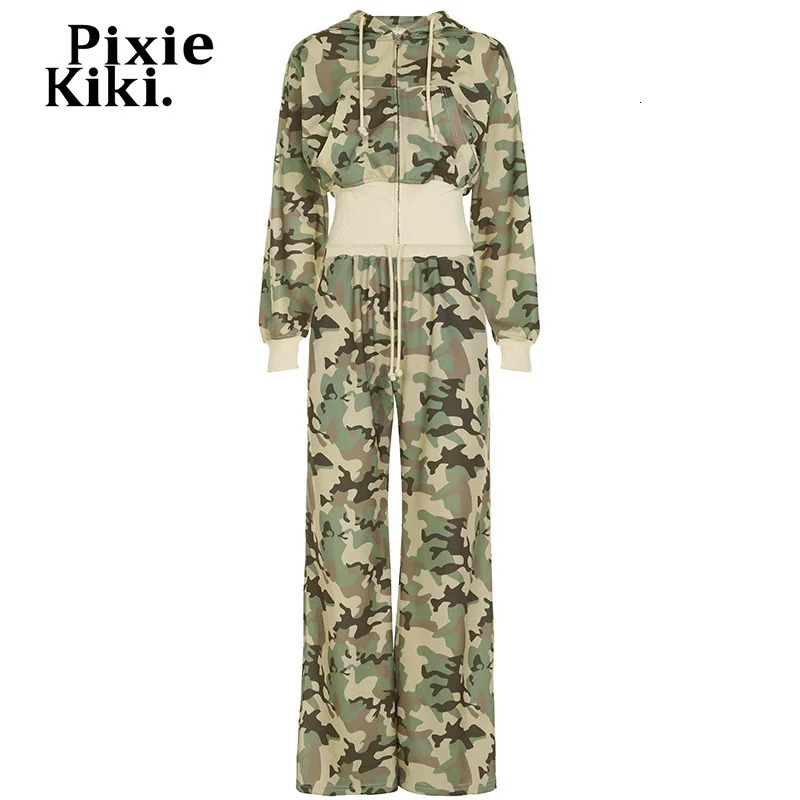PixieKiki Two Piece Sets Camo Zip Up Hoodies and Sweatpants Fashion Tracksuit Women Y2k Street Wear Clothes P77-HH100 250410