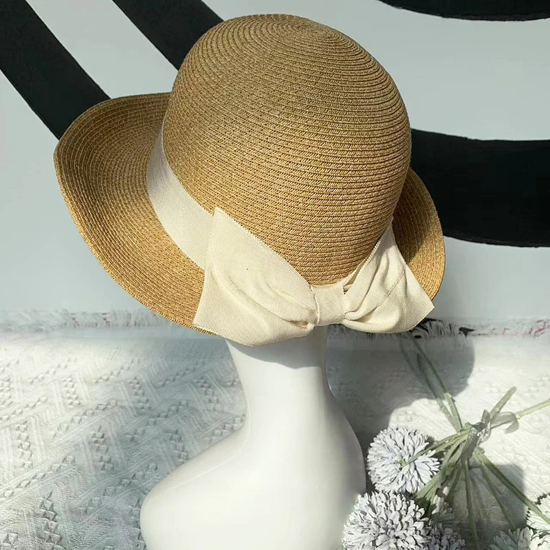2025 Spring Summer Elegant Bow Sun Hats for Women Foldable Trave Straw Hat Panama Wide Brim Curlable Edge Anti Uv Beach Lady Cap 250407