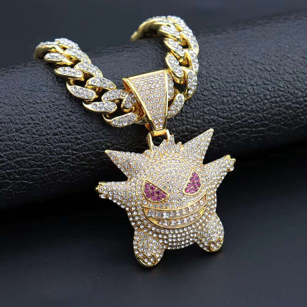 DHCollections Iced Out Pendant Necklace for Men Hip Hop Cuban Link Chain with Bling Ghost Anime Charm Silver Color 18 Inch Rapper Jewellery 1 Piece