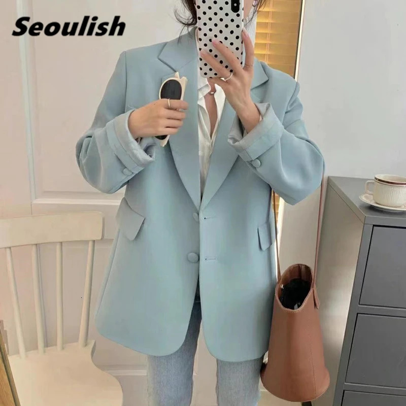 Seoulish autumn pink womens jacket single chest jacket fashionable retro oversized elegant office top pocket 250415