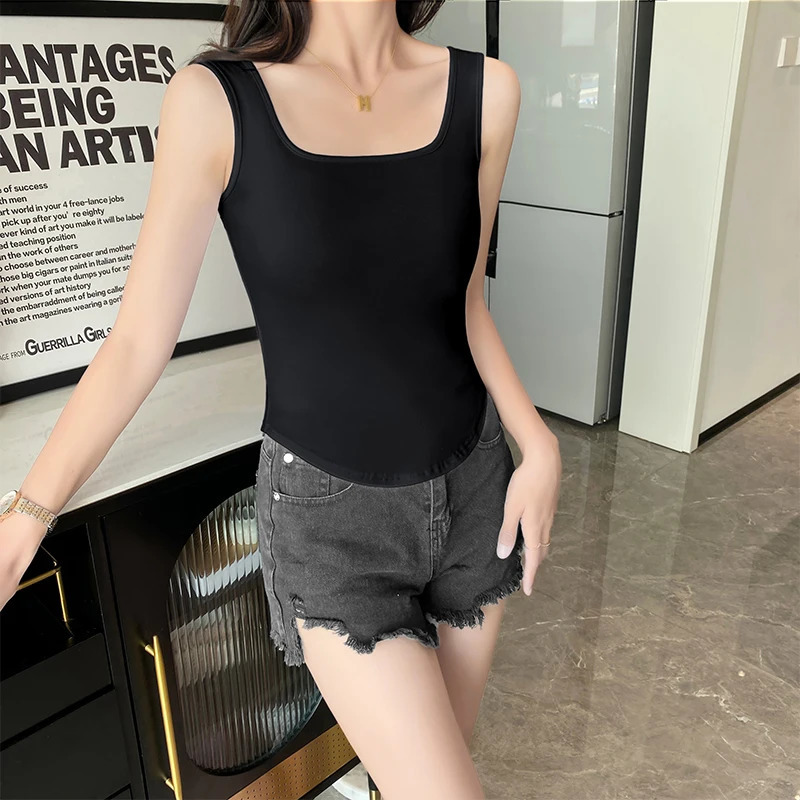 Cotton white square neckline floral Tshirt with curved hem ultrathin soft and breathable vest 250414Z