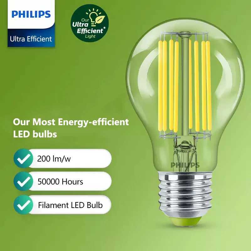 Philips 4pcs UltraEfficient E27 LED Filament Clear A60 Bulbs 25W 4W Lamps Glass LED White Color Light 50000 Hours EyeComfort C251115
