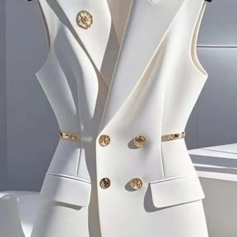 Small Fragrance White Suit Vest Coat Women Design Bright Light Decorate Slim Waist Double Breasted Waistcoats Spring 197H