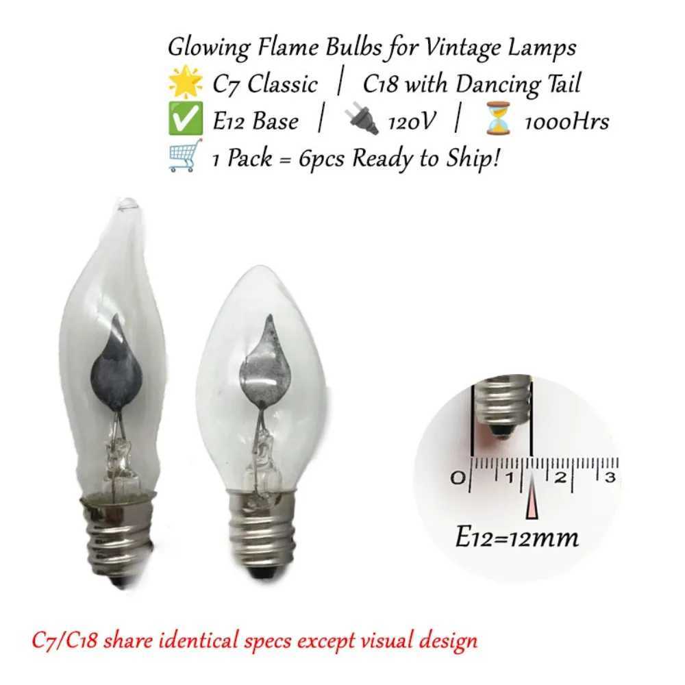 6 packs C18 Flame Bulb 120V 1W E12 Screw Base - apply to Dancing Tail Effect Bulbs for Chandeliers/Christmas Lights 1000Hrs C251115