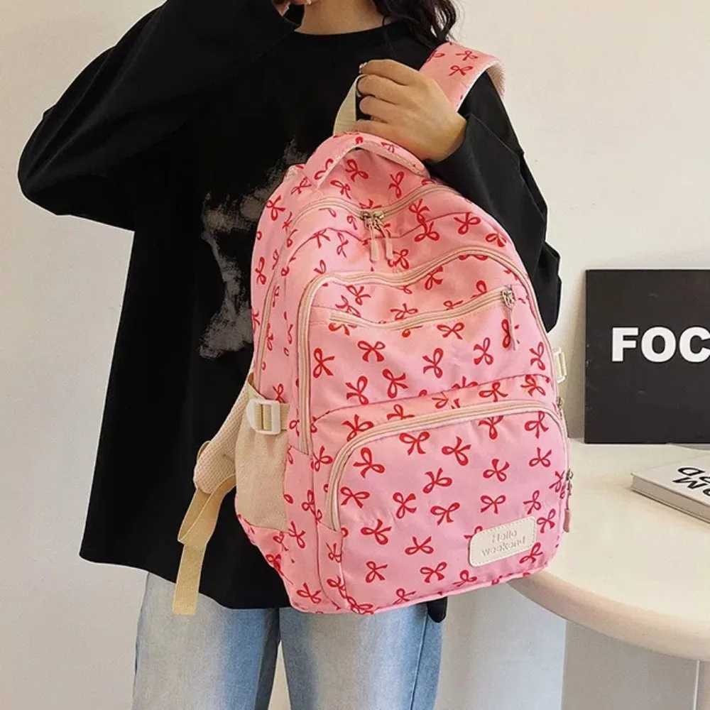 3 Pcs/Set Fashion Large Capacity Bow Backpack Bow Print Nylon School Bag Adjustable Strap Student BackpackW251114