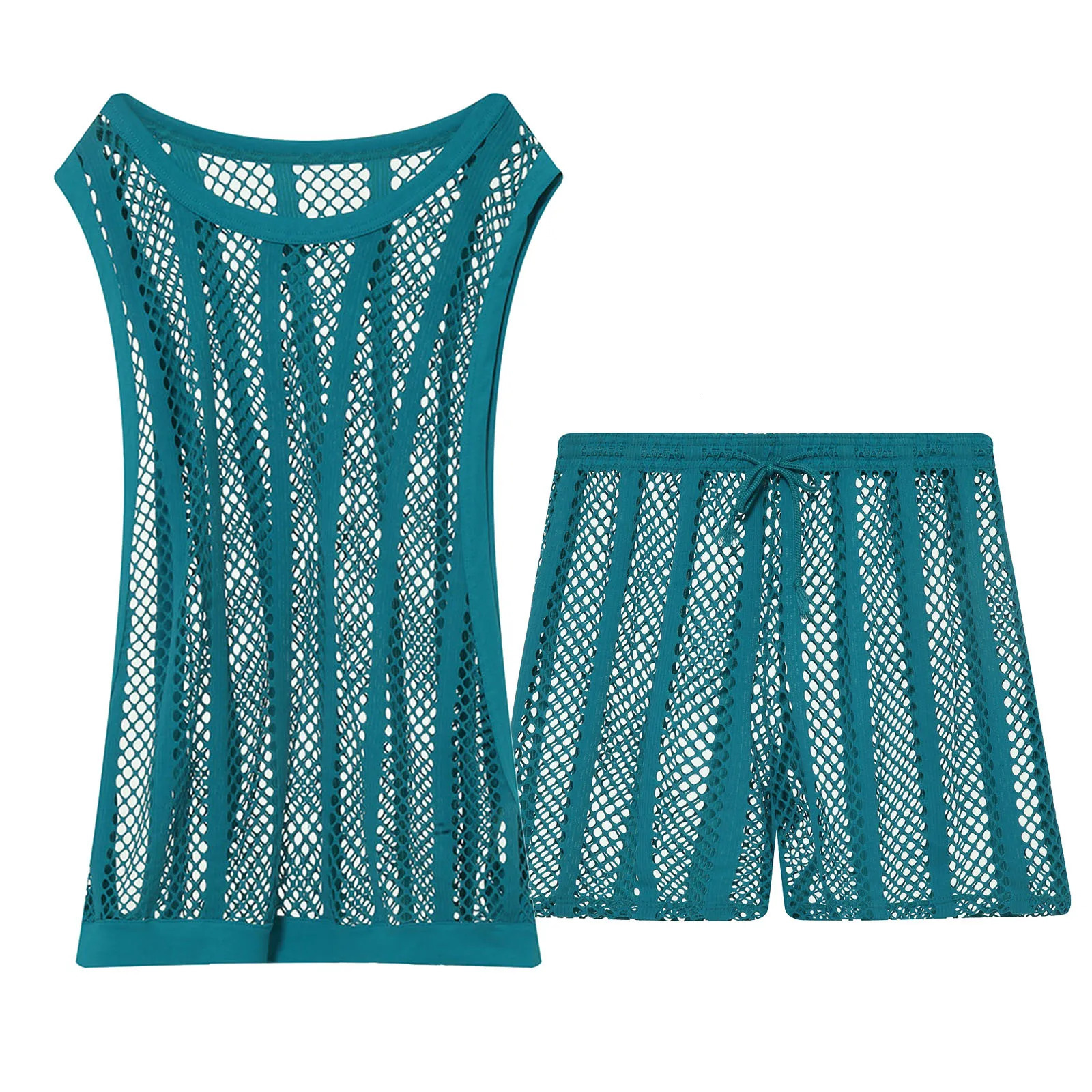 CLEVERMENMODE Mens Underwear Set Mesh Can Top Box Sexy Transparent Fishnet Hollow Sleeve Single Short Pajama 250407