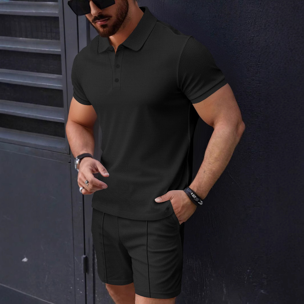 Summer fashion mens small square solid color lapel short sleeved polo shirt shorts casual breathable set