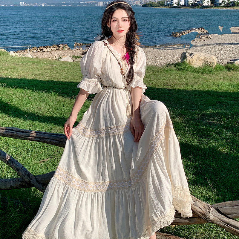 G125 Retro cotton and linen stitching lace multi-layer dress summer mid-sleeve travel vacation long skirt