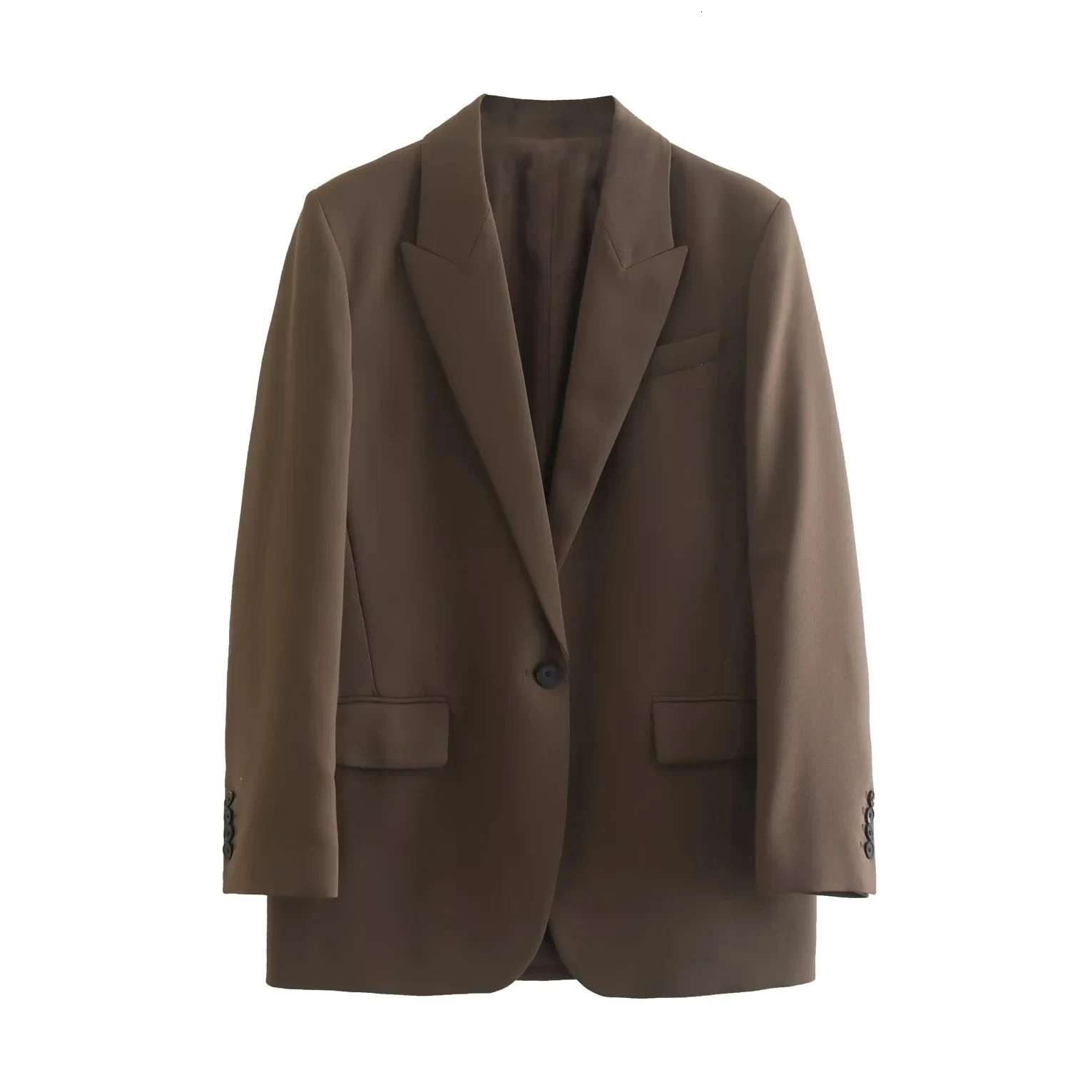 TRAFZA Womens Fashion Autumn Brown Office Womens Loose V-neck JacketHigh Waist Long Leg Pants Retro Womens Set 250409