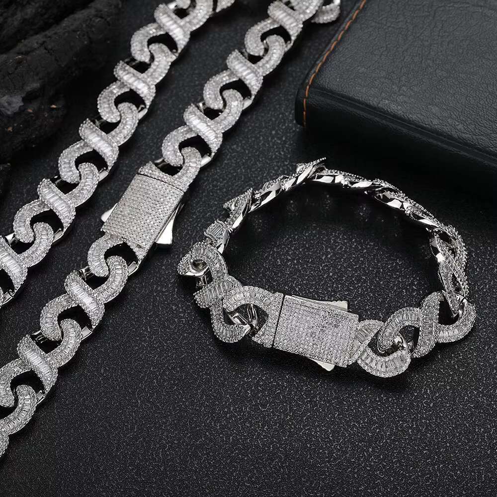 NUOYA 15mm Iced Baguetter Diamond Cuban Chain Necklace Infinite Sign Cuban Link Necklace for Women Fine Hip Hop Jewelry