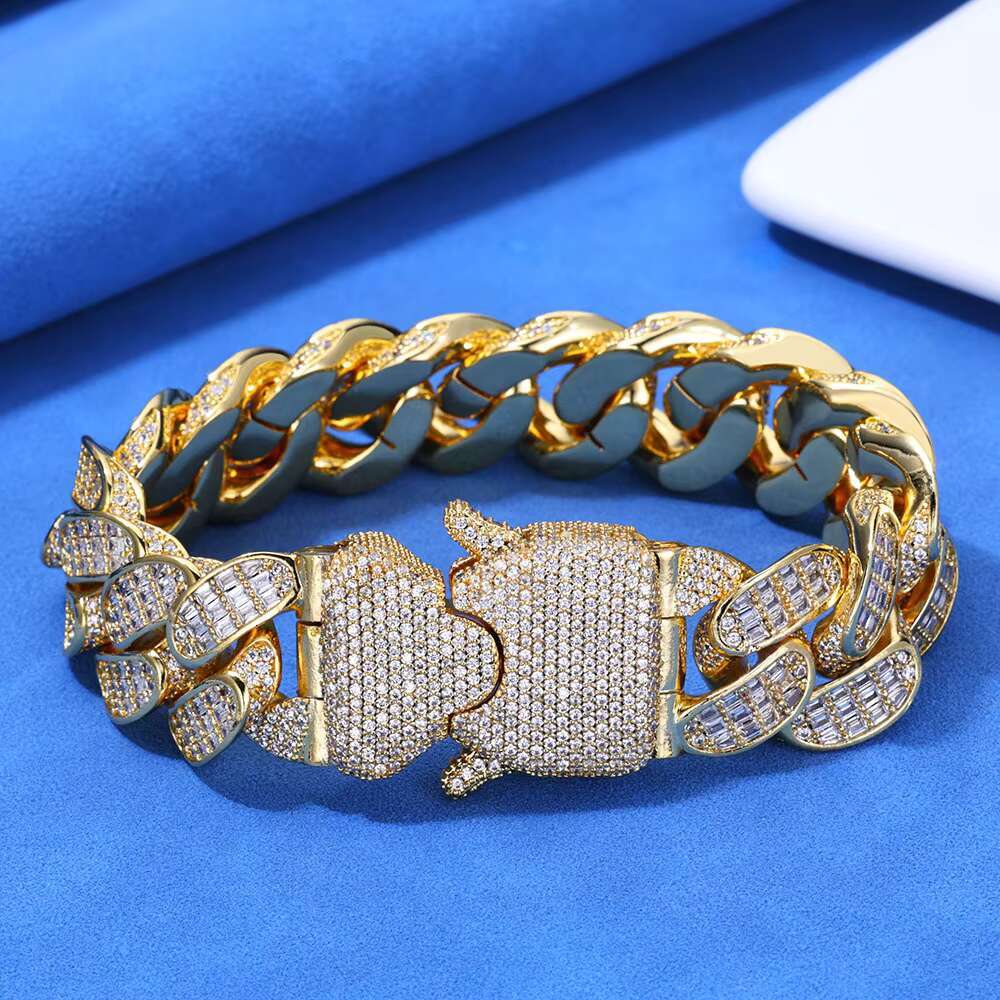 Hip Hop Jewelry White Gold Prong Miami Cuban Link Chain for Women 15mm 2 Rows Iced Out Diamond Prong Cuban Chain Bracelet