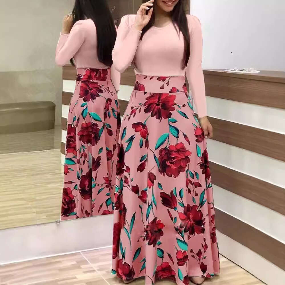 2025 Style Floral Print Color Blocked Long Sleeved Dress Short Skirt Women's Clothing