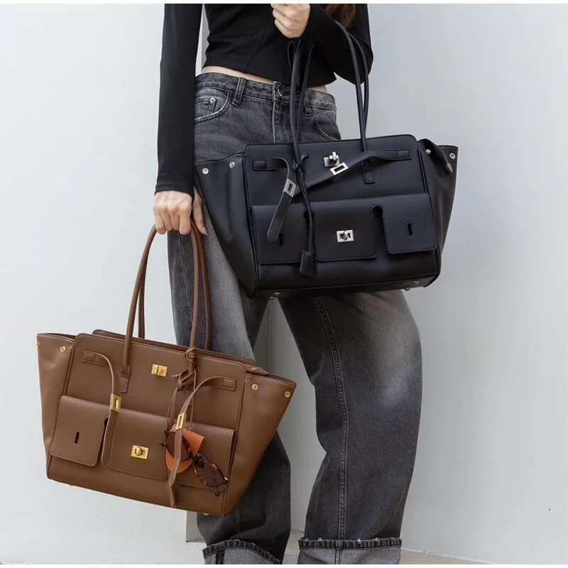 Brand Sier Buckle Fashion Genuine Leather Handbag New Large Capacity Tote Designer Women's Commuter Shoulder Bag