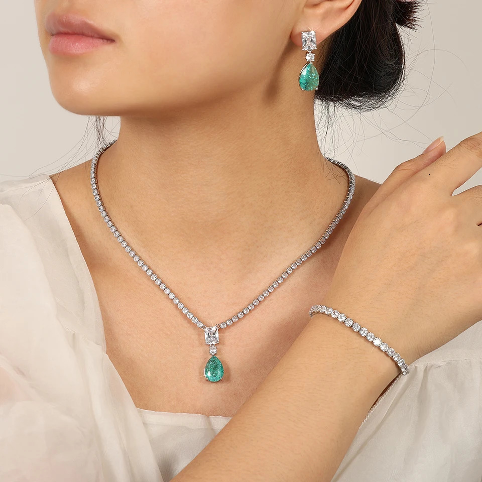 ZAKOL White Gold Color Tennis Choker Necklace Earrings Sets for Women Shinny Green Water Drop Zircon Wedding Jewelry 250414