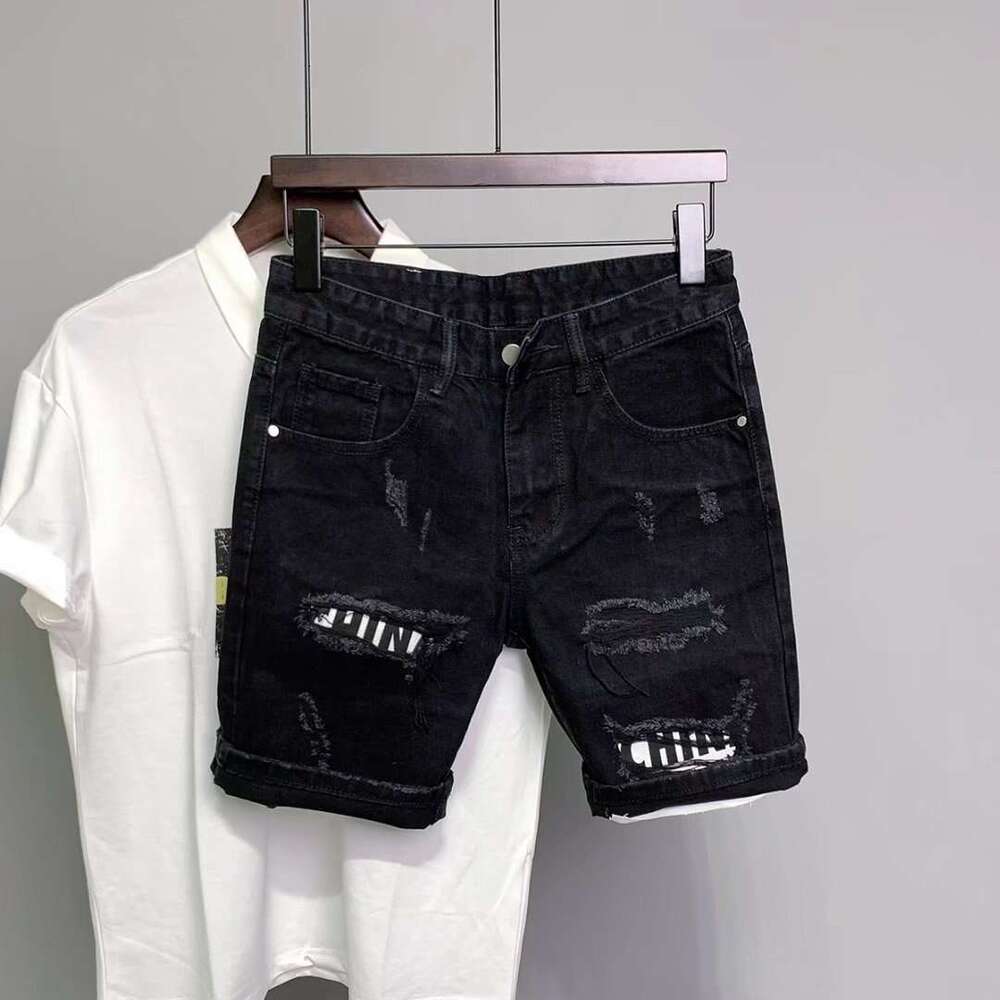 New men's perforated patch fabric Korean version slim fit denim 5/5 mid length trendy shorts small leg pants