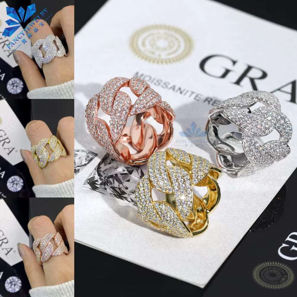 Wholesale 2025 New Unisex Luxury 7mm Full Moissanite Iced Cuban Ring 18mm 925 Silver Men Weddings Parties Customizable Fashion