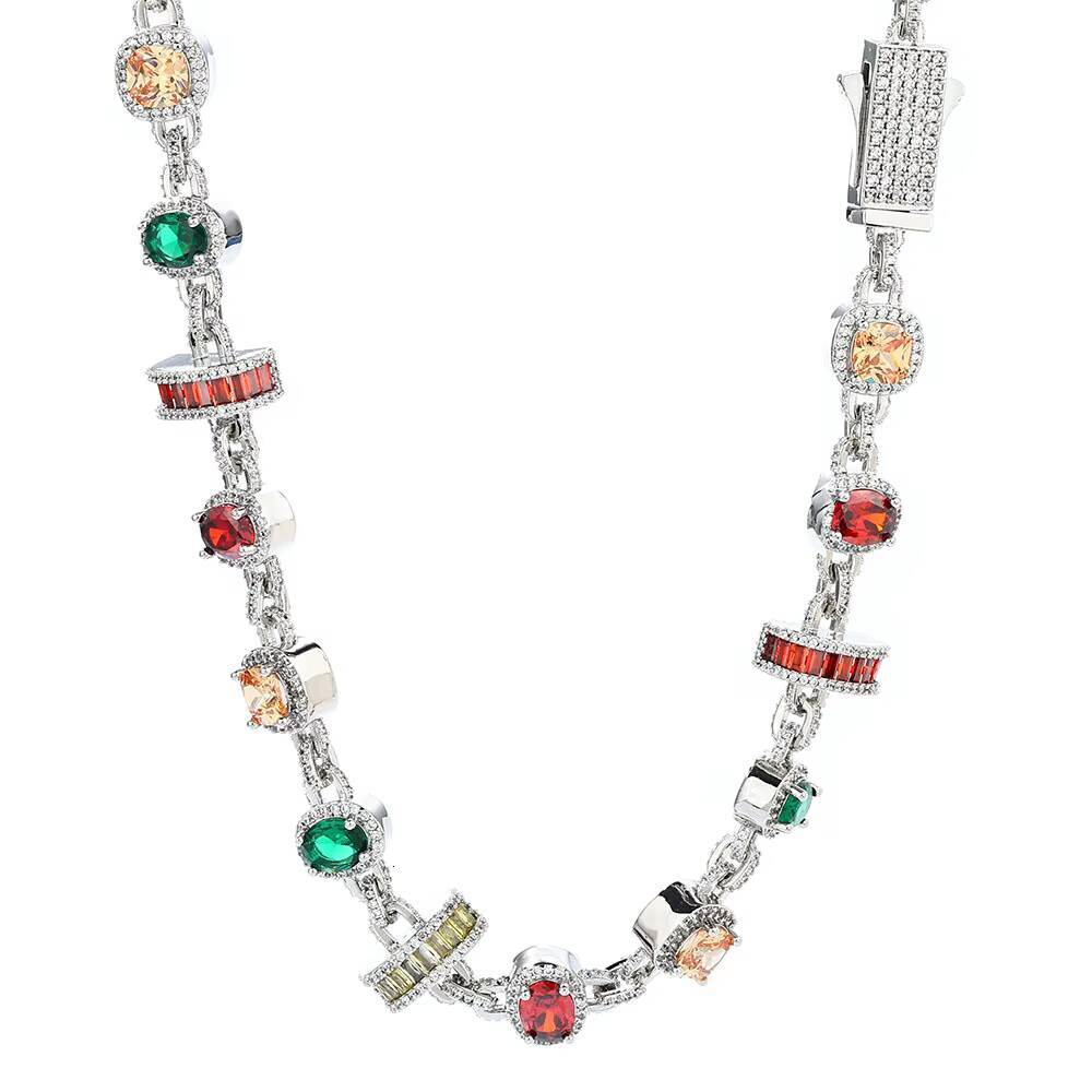 Factory Wholesale Jewelry Multicolored Gem-set Link Chain Moissanite 925 Sterling Silver Women Men HipHop Link Chain Necklace