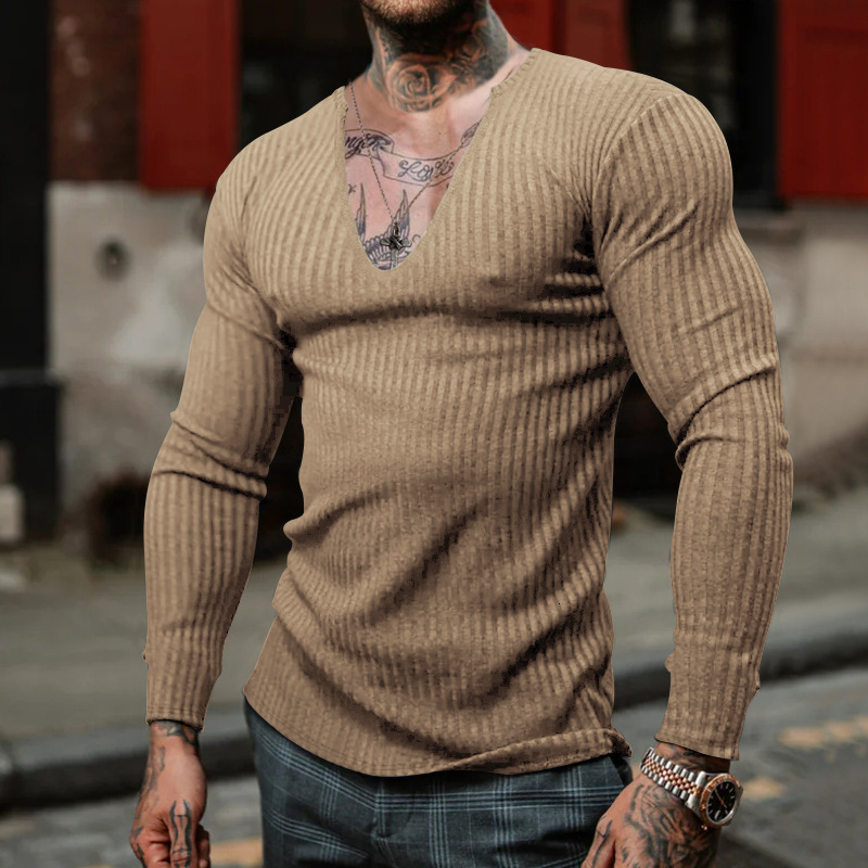 2025 Knitted Shirt Thin V-neck Personalized Trendy Versatile Men's Long Sleeve T-shirt