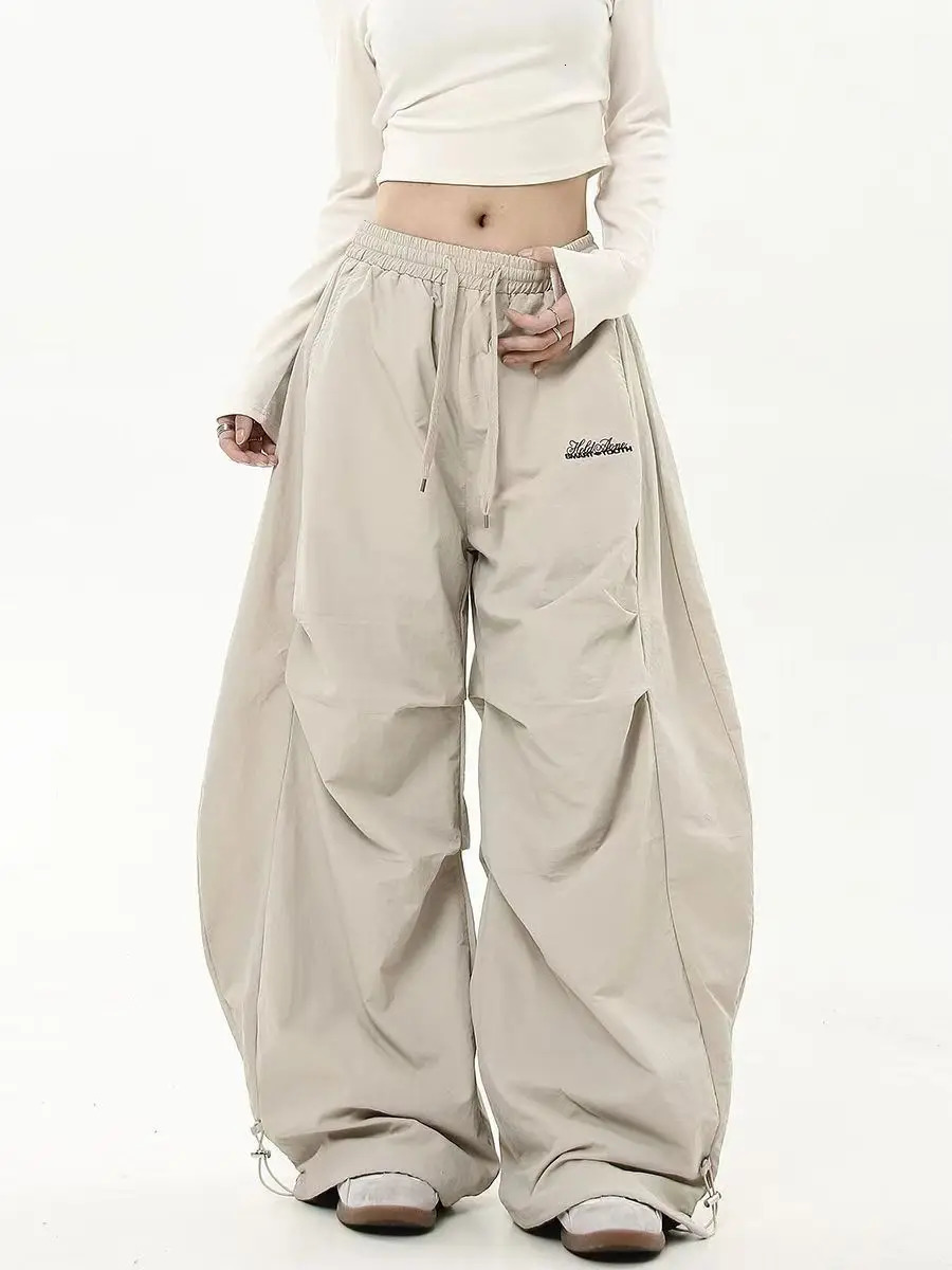 Vintage matching oversized womens wide leg pants with low waist brushed cargo Y2K hiphop streetwear casual chic sports 250414Z