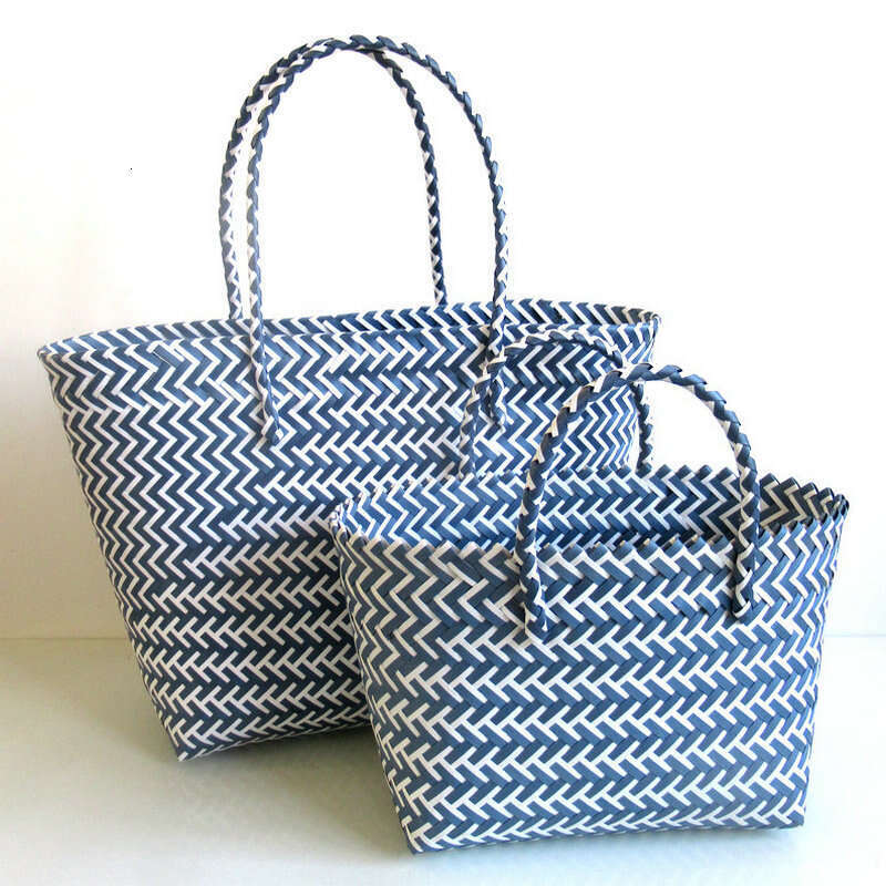 Handmade Beach Bag New Plastic Strapping, Woven Hand-Held Vegetable Basket Striped Color Blocked Beach Bag, Fashionable Women's Bag Kq2