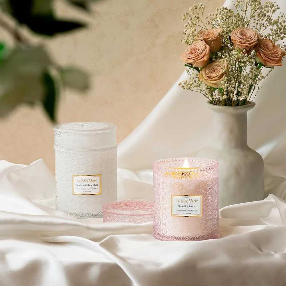 Large Wood Wick Candle Set - Rose Noir and Oud Gardenia and Ylang Scents 90-Hour Burn Time - Perfect Housewarming Gift C251115