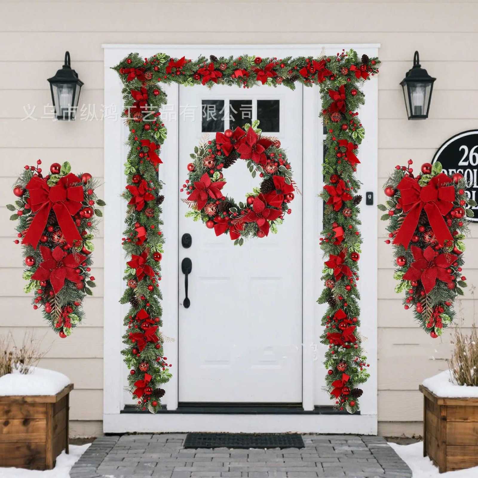 Christmas Decorations Christmas Wreath Rattan Set Bow Flower Garland Wreath For Front Door Hanging Xmas Ornaments New Year DecorM251115