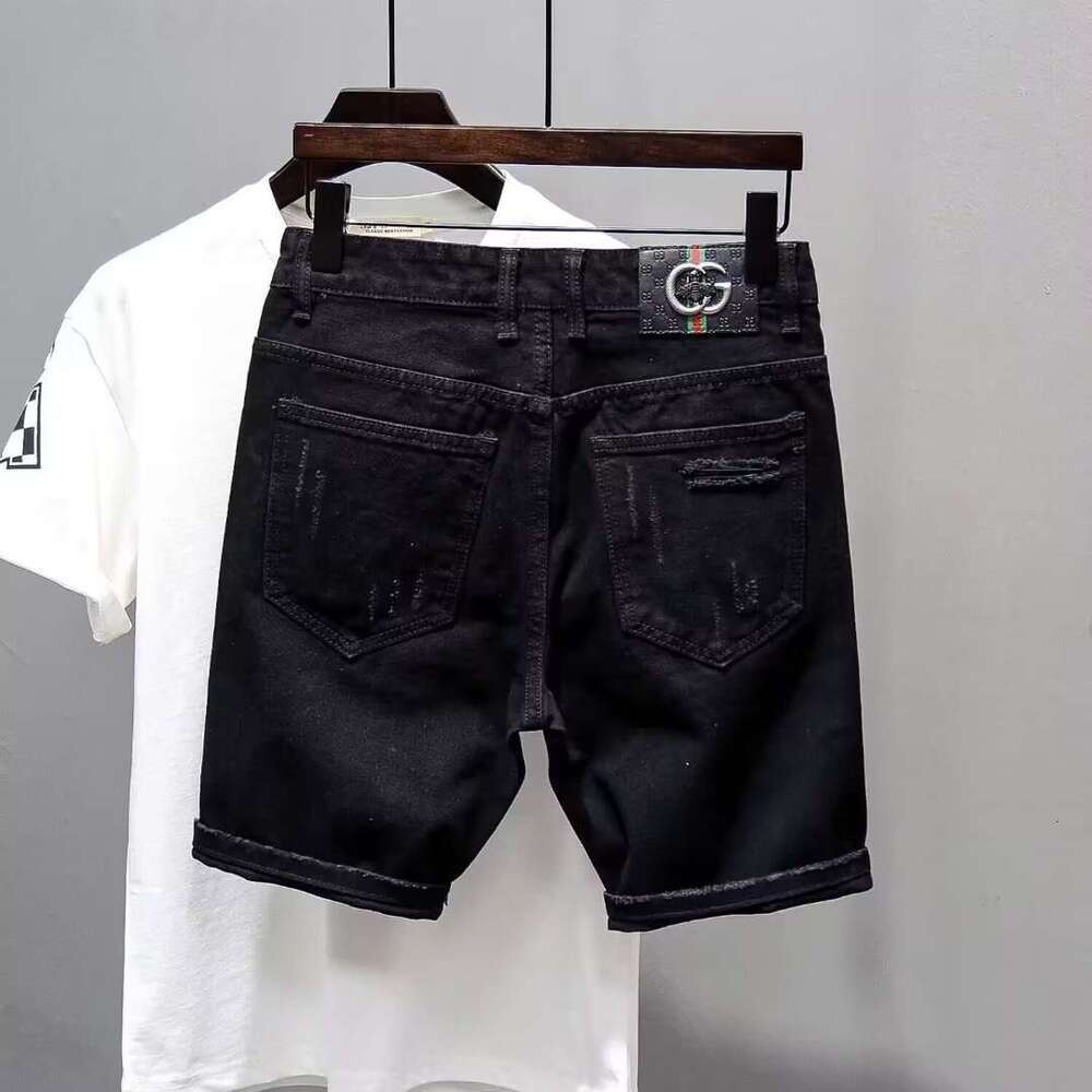 Summer distressed thin denim shorts, men's black versatile, washed slim fit, 5/4 mid length pants, trendy brand youth