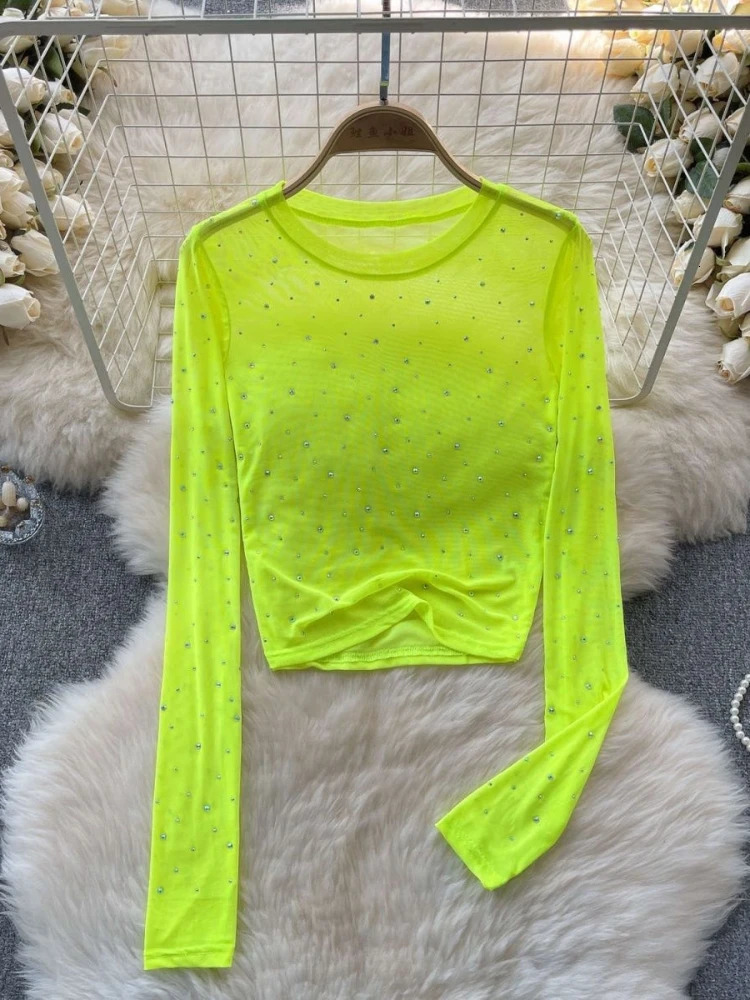 6 Colors T-shirts Women Cropped Sequins Slim Sheer Solid Spring Summer sexy Style Comfortable O-neck Clubwear European Style 250415