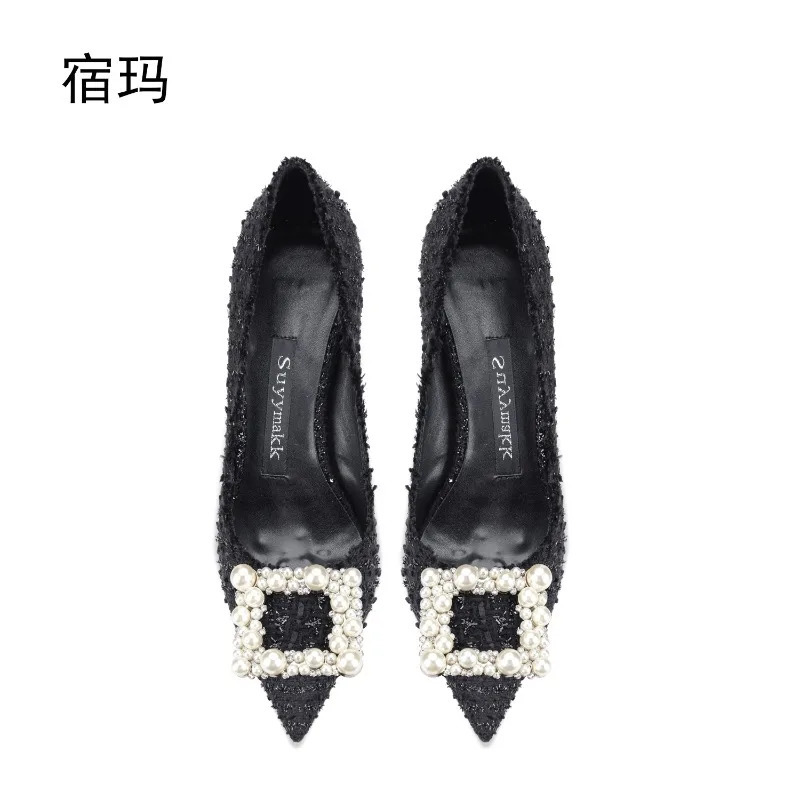 Square buckle rhinestone pearl black woven high heels for women 2025 pointed thin heel versatile and sexy single heel shoes 251111 - view 4
