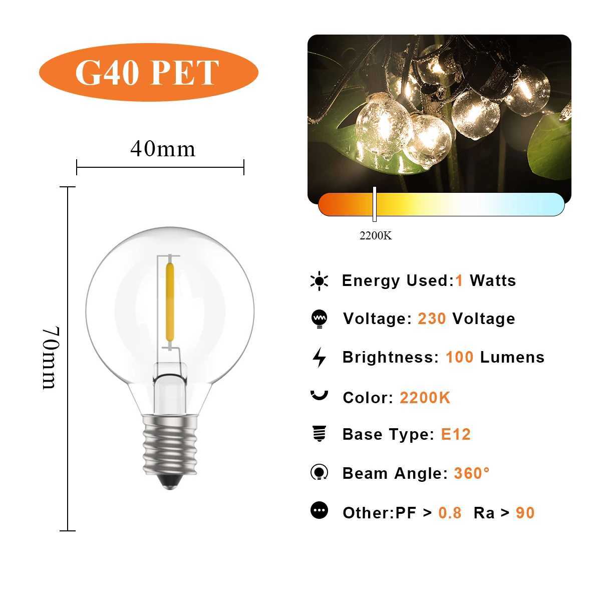 Vintage G40 Led String Light Replacement Bulb 1W Plastic Shatterproof Globe Mini Ball Lamp E12 Base 2200K PET Edison Light Bulbs C251115