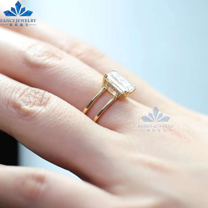 AU750 18K Yellow Gold 1.5CT Radiant Cut Moissanite Custom Solitaire Double Band Engagement Ring