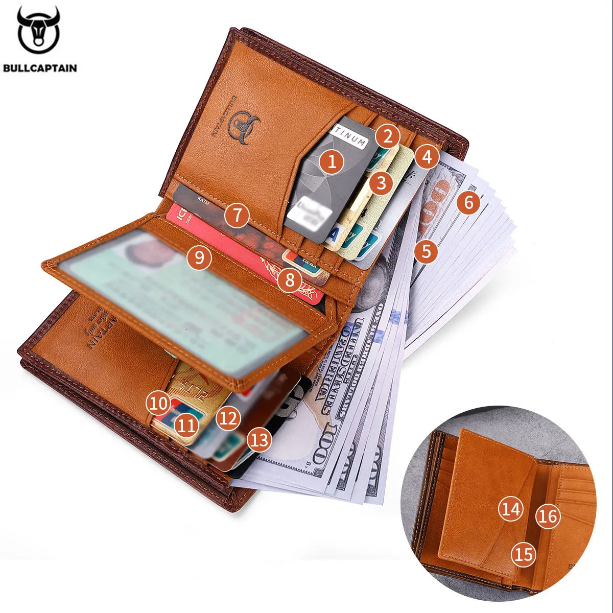 BULLCAPTAIN 100% Leather Mens Wallet Premium Product Leather Mens Wallet Multi functional Card Slot Short Wallet QB017 250410