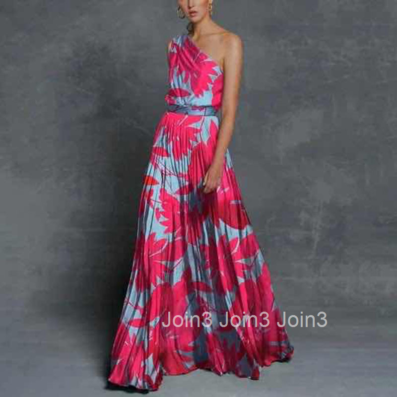 2025 New Womens Digital Printed Leaf Splicing Off Shoulder Printed Long Skirt Dress