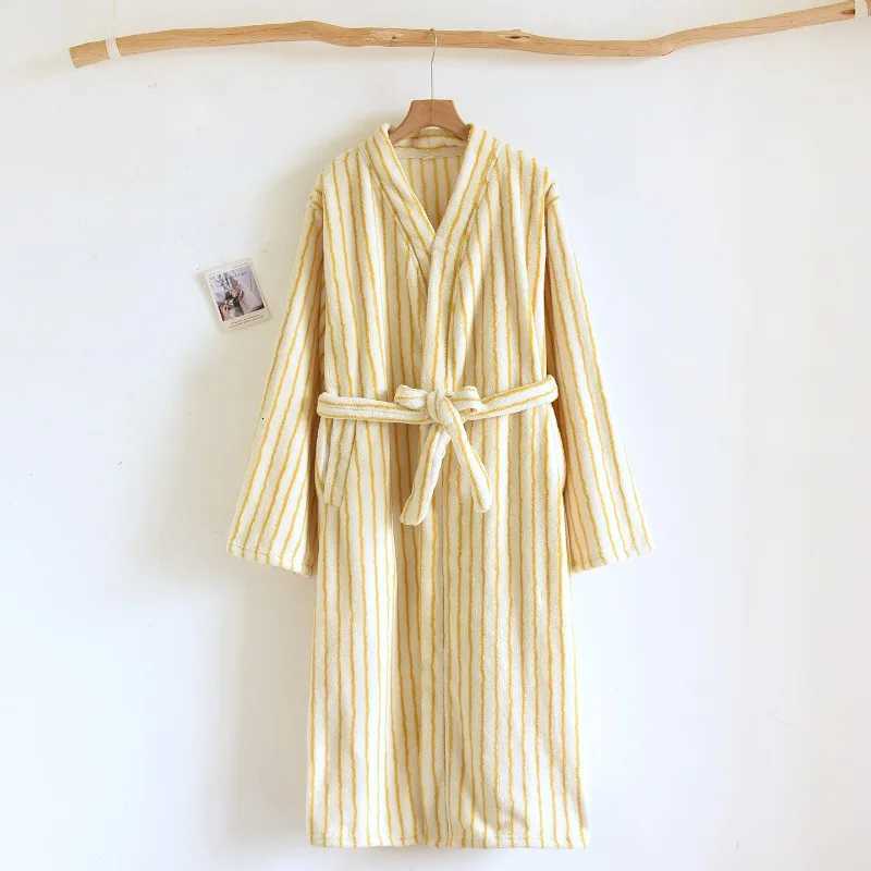 Striped Robe for Women Sleepwear Winter Nightdress Night Wears Warm Fleece Pajama One Piece Nightgown Pocket Sleeping Homewear C251115