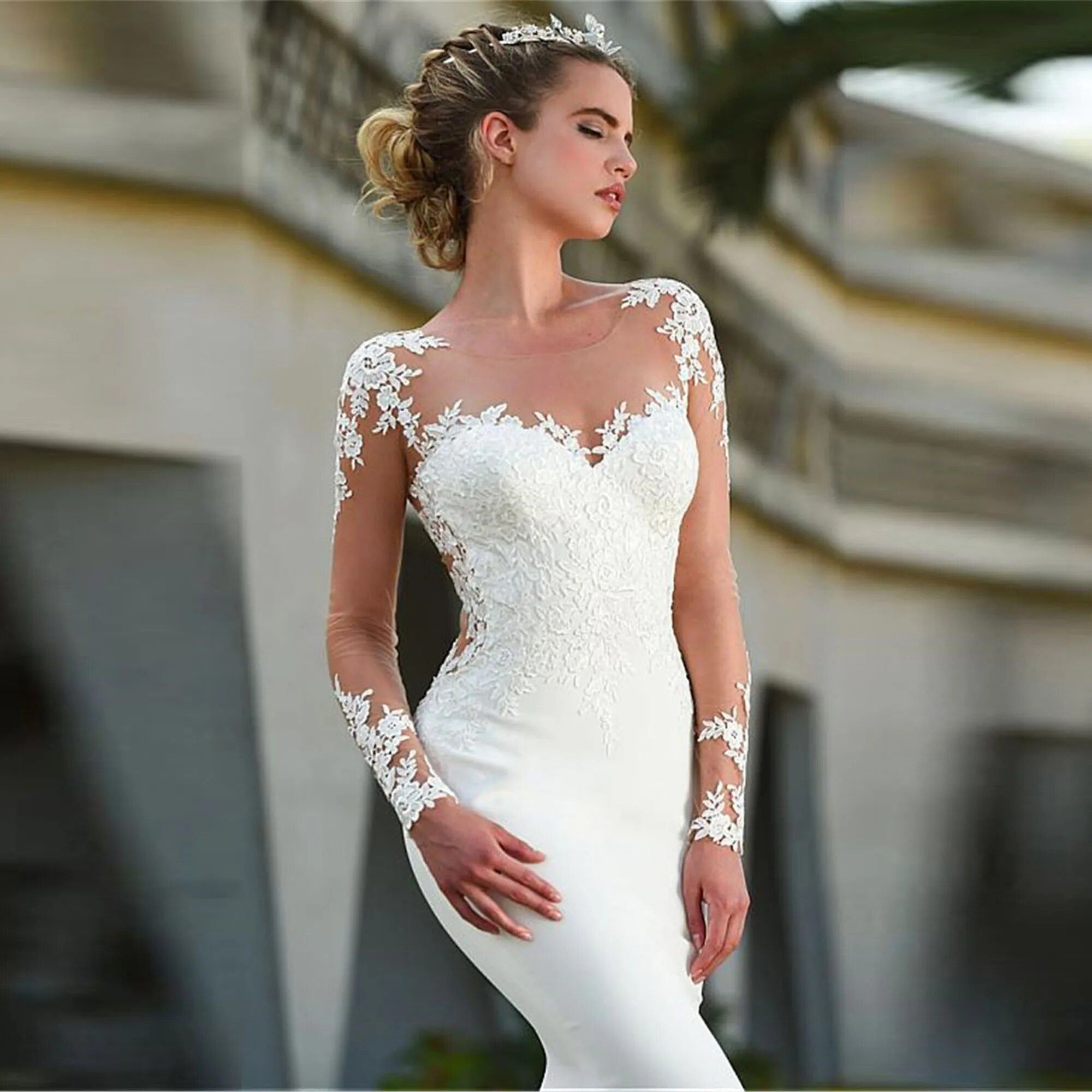 Mermaid V-Neck Wedding Dress For Women 2025 Long Sleeve Appliques Lace Court Train Backless Bridal Gown Vestido De Noiva