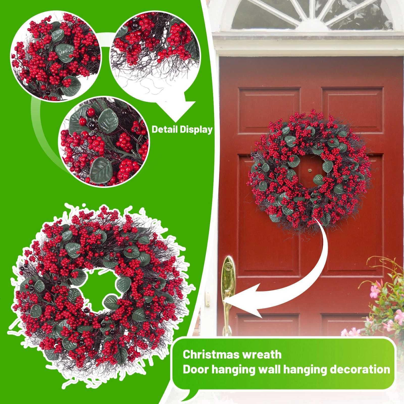 Christmas Decoration Wreaths for Front Door Handmade Cypress Leaf Red Berry Pine Wreath Xmas Home Wall Window Decor 2025M251115