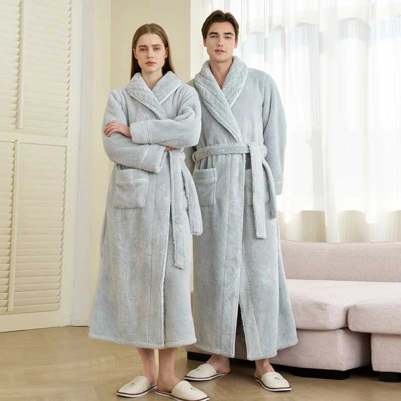 Plus 3XL Women Men Flannel Bath Robe Sleepwear 2025 Winter Extra Long Home Dressing Gown Plush Couple Bathrobe Thick Warm Robes C251115