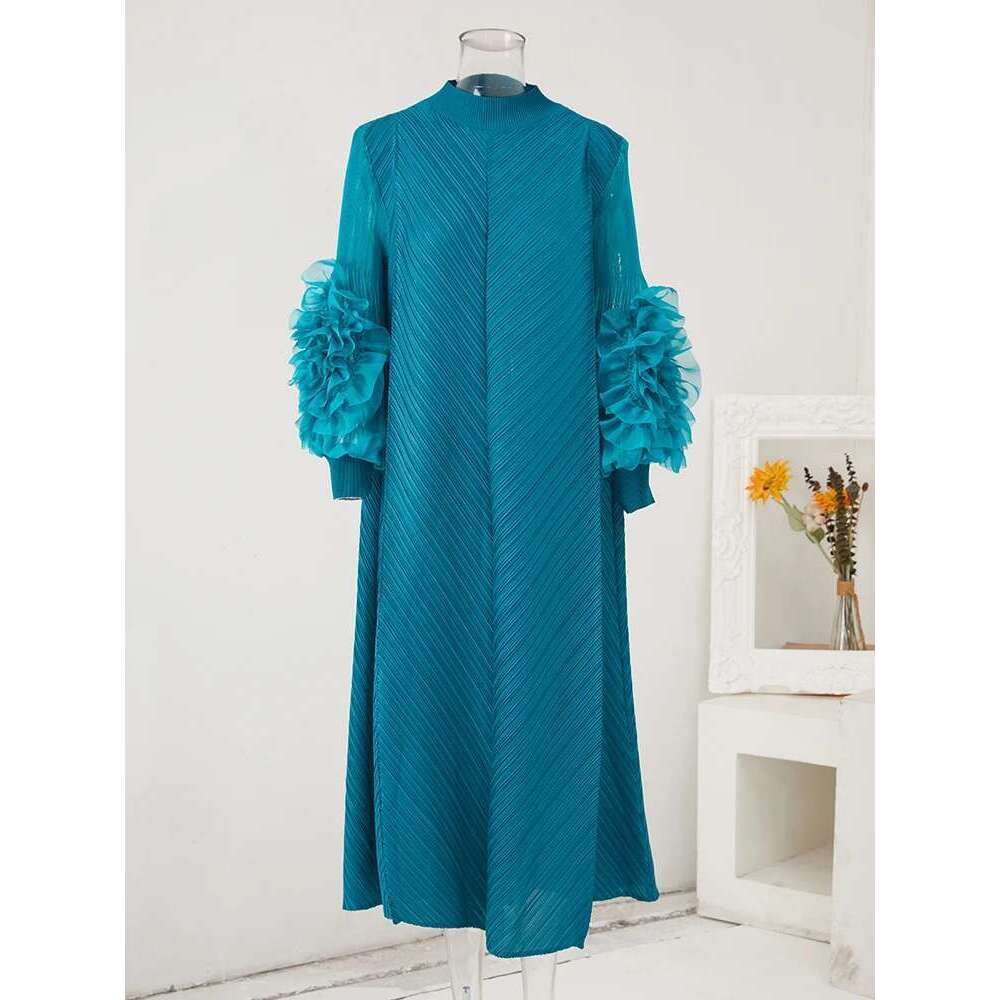 LANMREM Maxi Pleated Dress Round Neck Spliced Fungus Full Sleeve Dresses For Women 2025 New Spring Clothing 2Qa1331