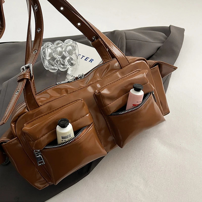 Korean style multi pocket shoulder bag underarm bowling bag niche womens pillow side pocket brown/pink/wine red handbag 250410