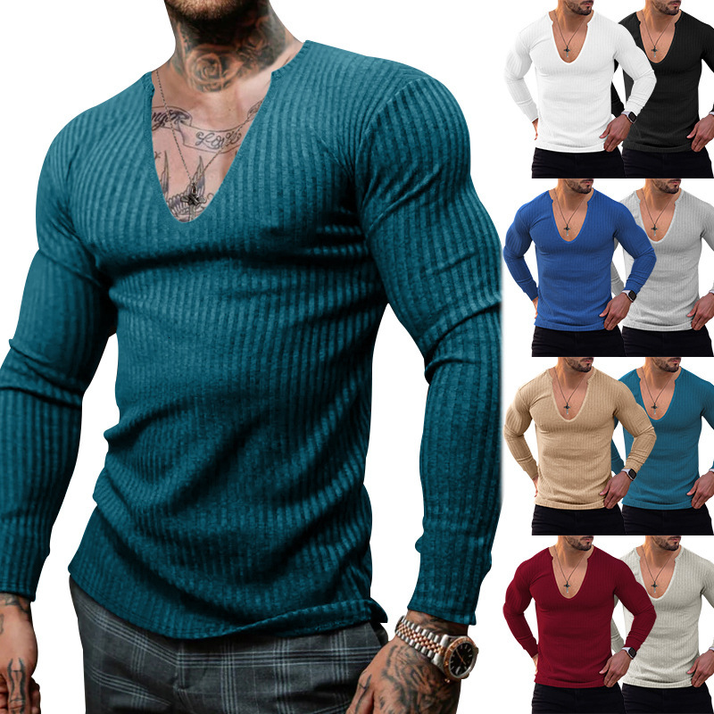 2025 Knitted Shirt Thin V-neck Personalized Trendy Versatile Men's Long Sleeve T-shirt