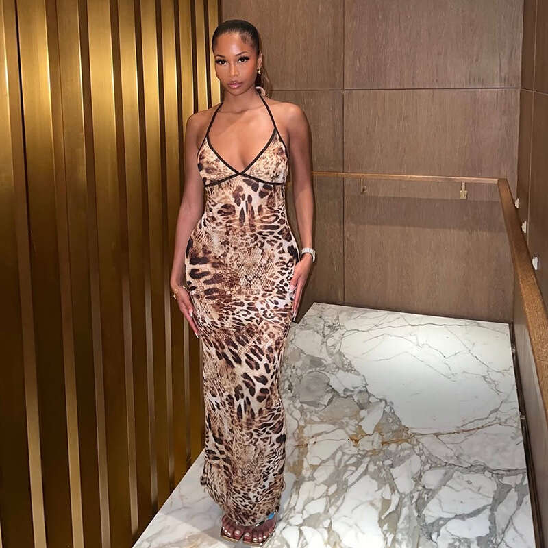 Women's Wear Spring/Summer New Women's Sexy Spicy Girl Leopard Print Hanging Neck Sleeveless Strap Back Long Dress
