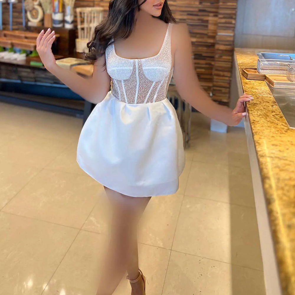 New Illusion Satin Mini Short Evening Dress 2025Spaghetti Backless Pearls Beaded Cutaway Sides Women Prom Formal Party Gowns Robe De Soiree