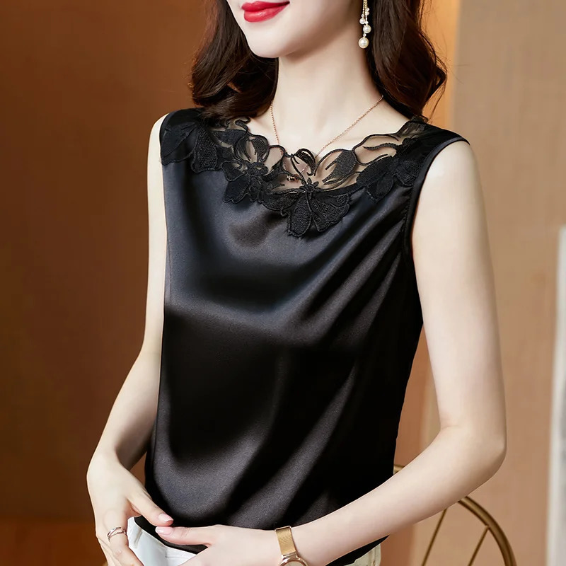 #1212 Summer Tank Top Women Spliced Lace O-neck Hollow Out Office Top Female Sleeveless Elegant Top Woman Outwear Basic Tank Top 250415