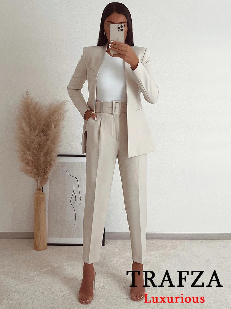 TRAFZA Office Womens Beige Womens Long Sleeve V-neck Oversized JacketHigh Waist Wide Leg Pants Fashion Retro Set 250409