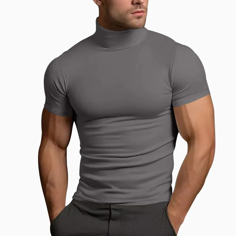 Cross-border summer solid color short-sleeved fashion bottoming shirt mens tight turtleneck T-shirt 250415